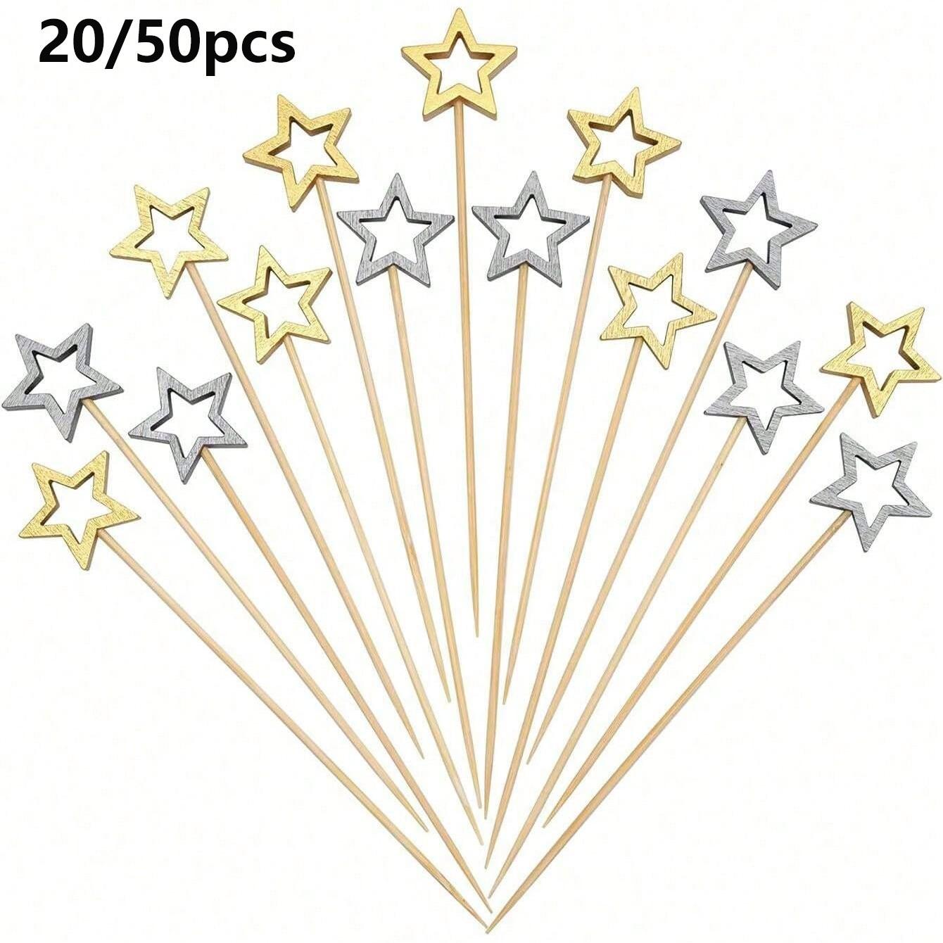 20/50pcs Star Bamboo Skewers, Fruit Decorative Sticks, Cake Decorating Tools, Holiday Party Supplies, Outdoor Camping Essentials
