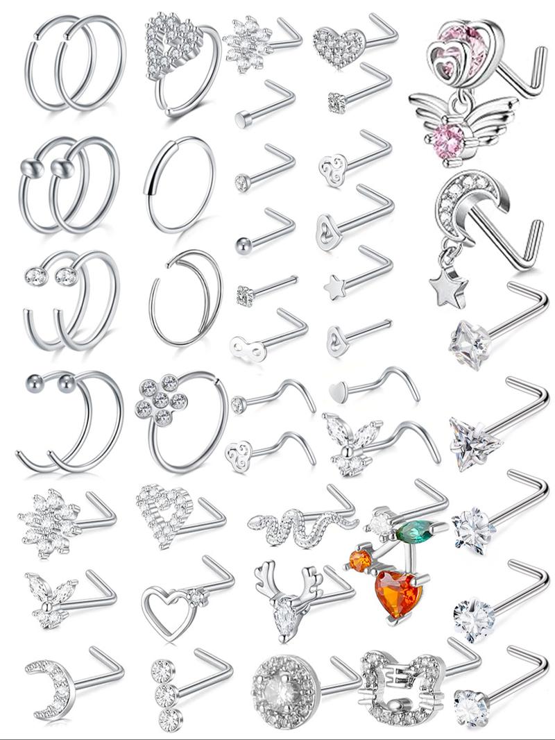 Women's 20g Nose Ring Stud Earrings, Surgical Steel Nose Stud with Shiny Cz Flower Design, Heart Butterfly Floral Patterns, Nose Piercing Jewelry