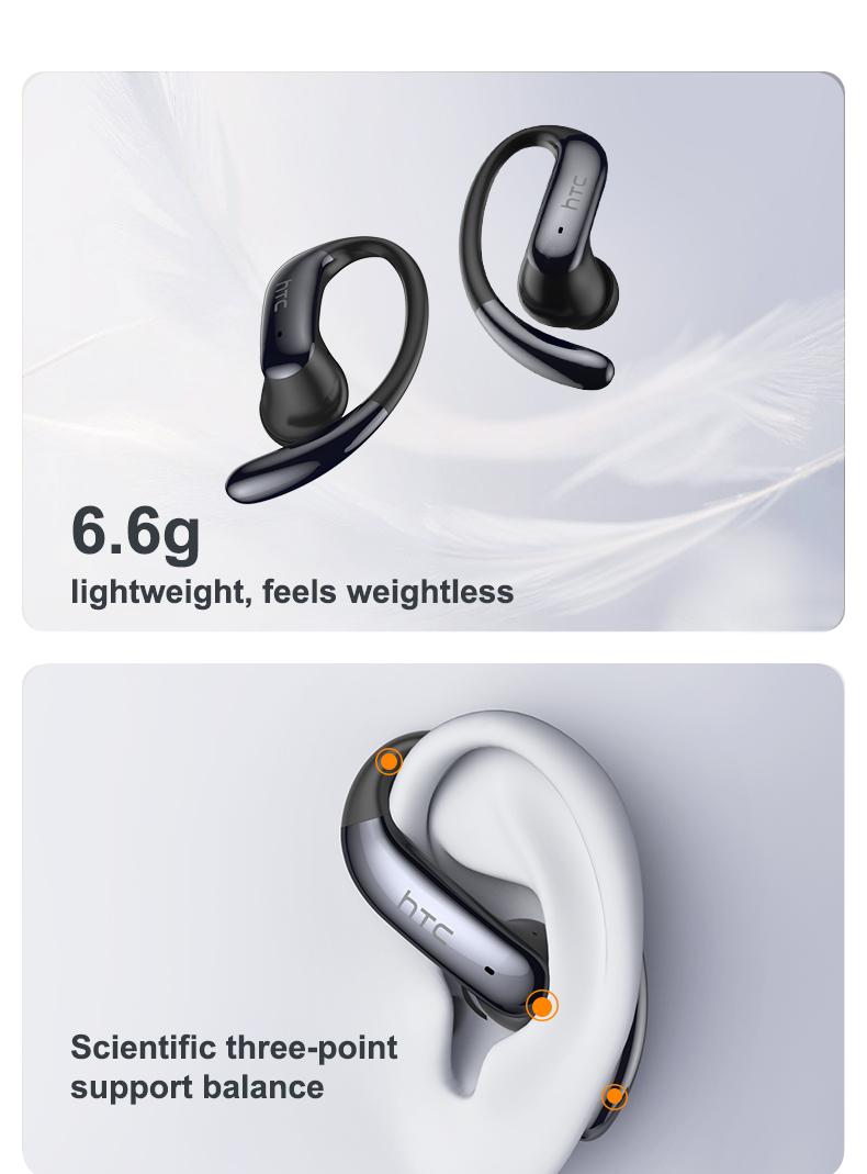 HTC NE63 Wireless Earphones, Bluetooth 6.0, low latency gaming, Hi-Fi sound quality, panoramic sound effect, noise cancellation, and high-definition calls. Suitable for studying, meetings, gaming, and sports