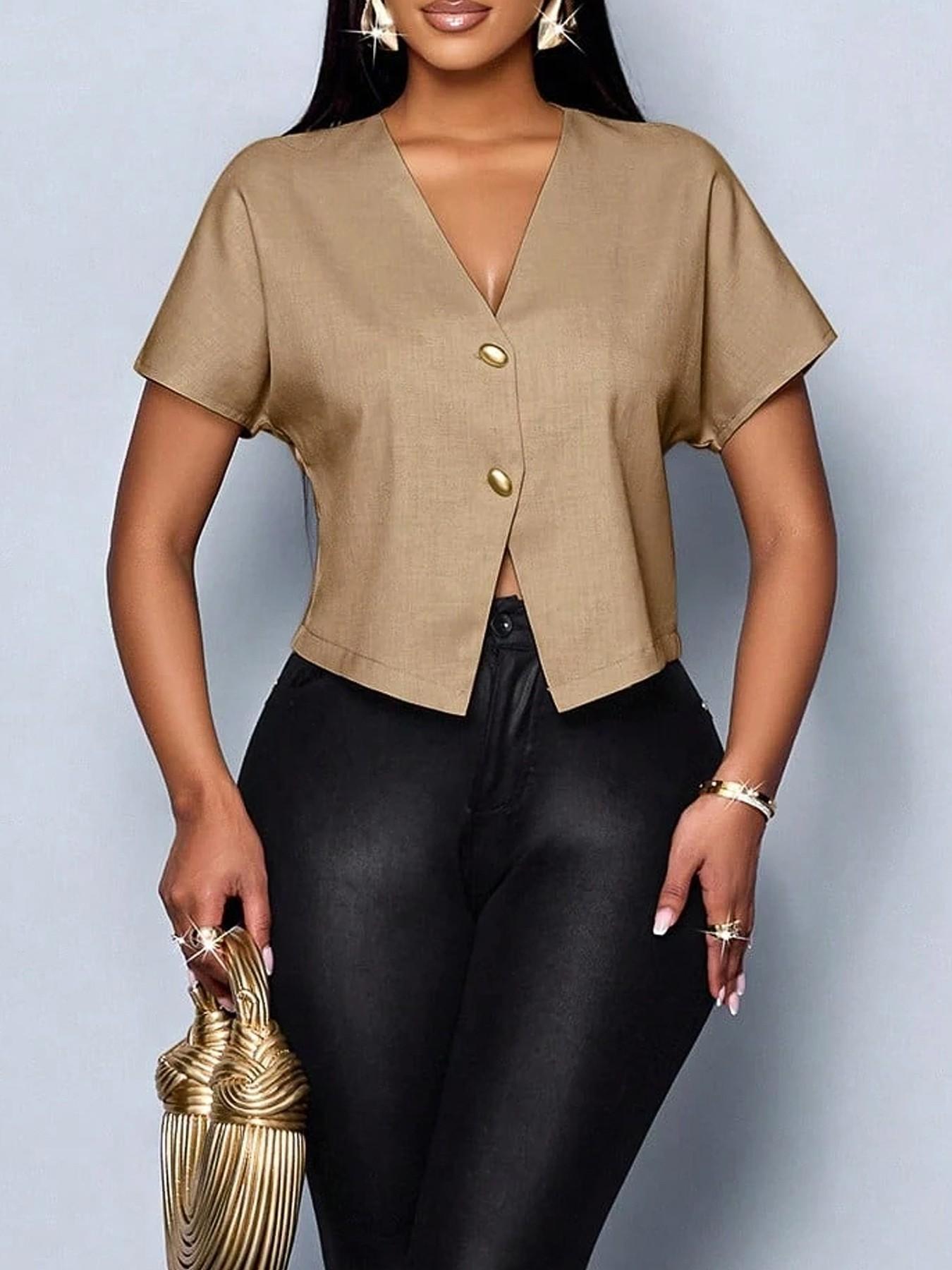 1 piece Women's Solid Color V-neck Short-sleeved Blouse Shirt Top, suitable for commuting, stylish and elegant.