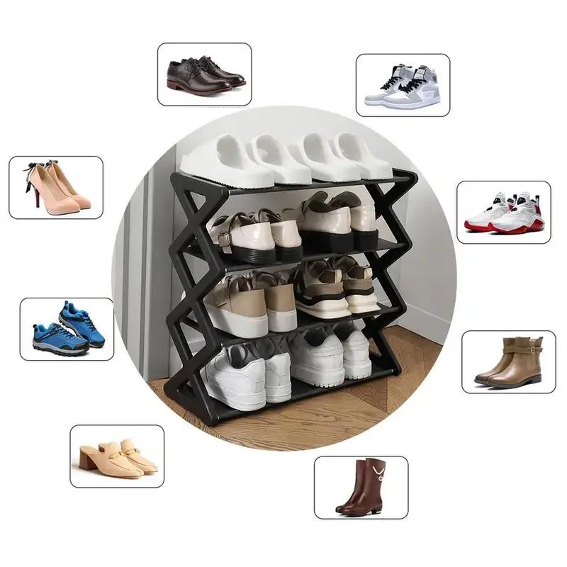 4-Tier Self-Assembly Shoe Rack, Adjustable Multi-Purpose Storage Shelf for Shoes Plants Books, Room Organizer Metal X-Shaped Stand, Shoe Organization Rack