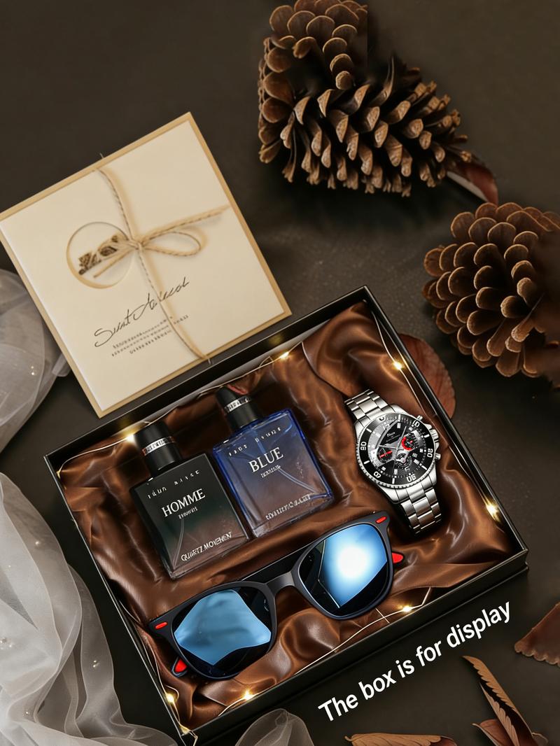 Luxury Men's Watch Set, Stainless Steel Quartz Watch + Perfume + Glasses, Perfect Gift for Birthday & Valentine's Day, Includes Card & LED Light