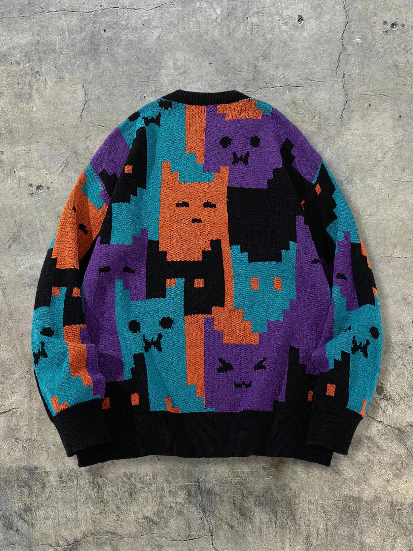 Unisex Casual Knitted Sweater, Vintage Crewnecks Jumper, Long Sleeve Round Neck Pullover, Cartoon Cat Pattern, Spring Fall Winter Wear, Comfortable Commuter Top