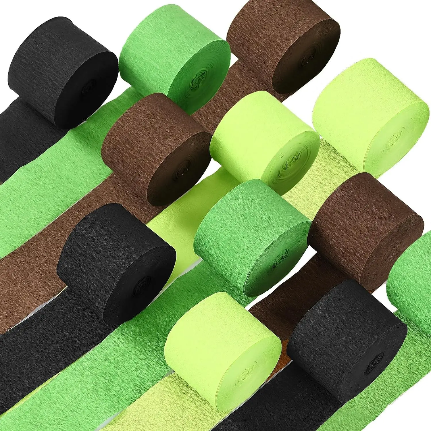 12 Rolls Black/Green/Brown Crepe Paper Streamers (984ft) - Pixel Themed Party Decorations, Video Game Birthday Supplies, 2026 VBS Dinosaur Jungle Camo Natural Theme Green Party Decor