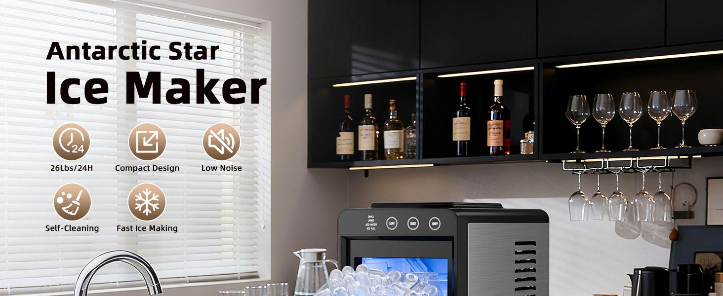 Antarctic Star Countertop Ice Maker with LED control, Selectable S/L Ice Size, 26.5 lbs/24Hrs, 8 Ice Cubes in 6 Mins, Auto-Cleaning, Portable with Ice Basket & Scoop for Home/Kitchen/Camping/RV