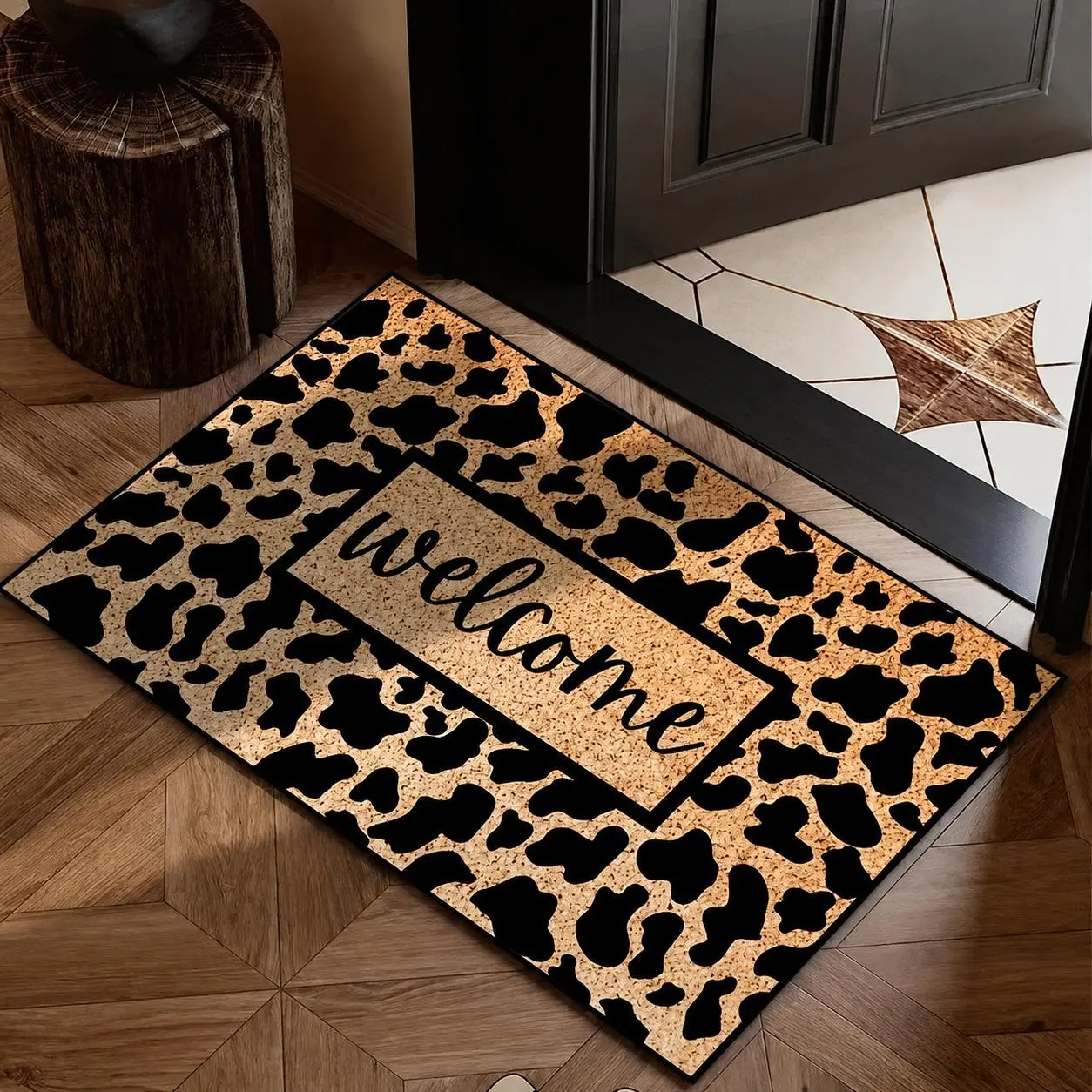 Leopard Print Welcome Doormat,Vintage Animal Pattern Decorative Entryway Rug,Stylish Faux‑Cork Look Front Door Mat,Non‑Slip Indoor Entrance Floor Mat For Porch Hallway Home Farmhouse Decor,Halloween Decorations