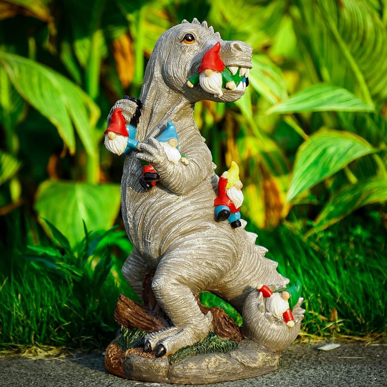 Dinosaur Eating Dwarf Garden Statue, Outdoor Yard Art Decor, Patio Lawn Courtyard Sculpture, Moving Gift for New Home