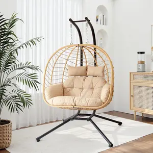 Double Wicker Hanging Egg Swing  with Stand Thickened Cushion Galvanized Steel Frame UV Resistant Cushion 440LBS Capacity Patio Swing  for Bedroom Garden Indoor Outdoor Patio Adjustable Rattan Basket Chair