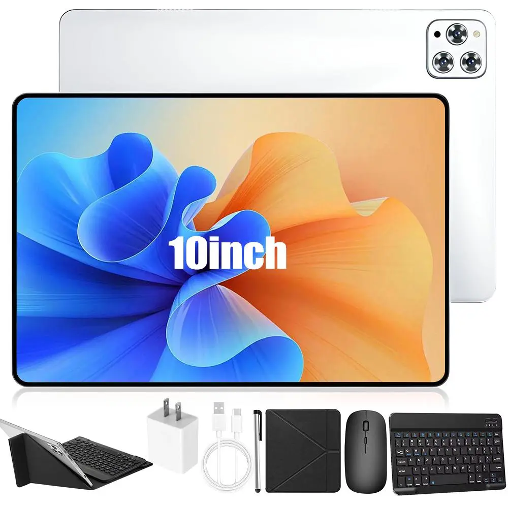 【BackToSchool】10.1‑Inch Android 15 Tablet with 4GB RAM, 64GB Storage, Dual SIM, IPS 1280x800 Display, 5MP+13MP Camera, 5000mAh Battery, Radio, USB Adapter, Wireless Card & Keyboard Mouse Stylus Case Rear Remote Bluetooth Charging, Screen, Electr