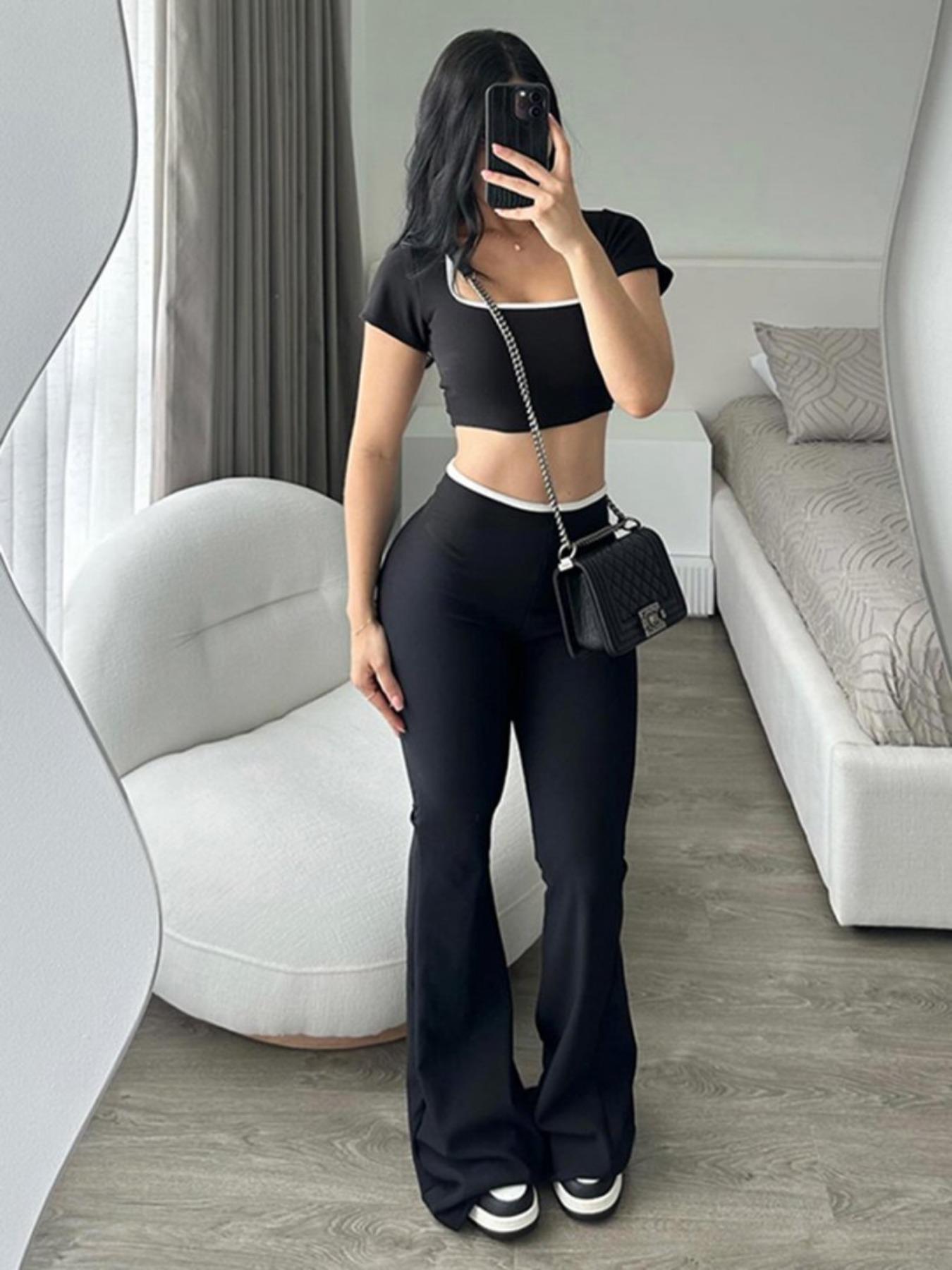 Square Neck Short Sleeve Top with High Waist Bell Flared Pants, Color Block Trim, Slim Fit, Elegant Fashion, Women's Casual