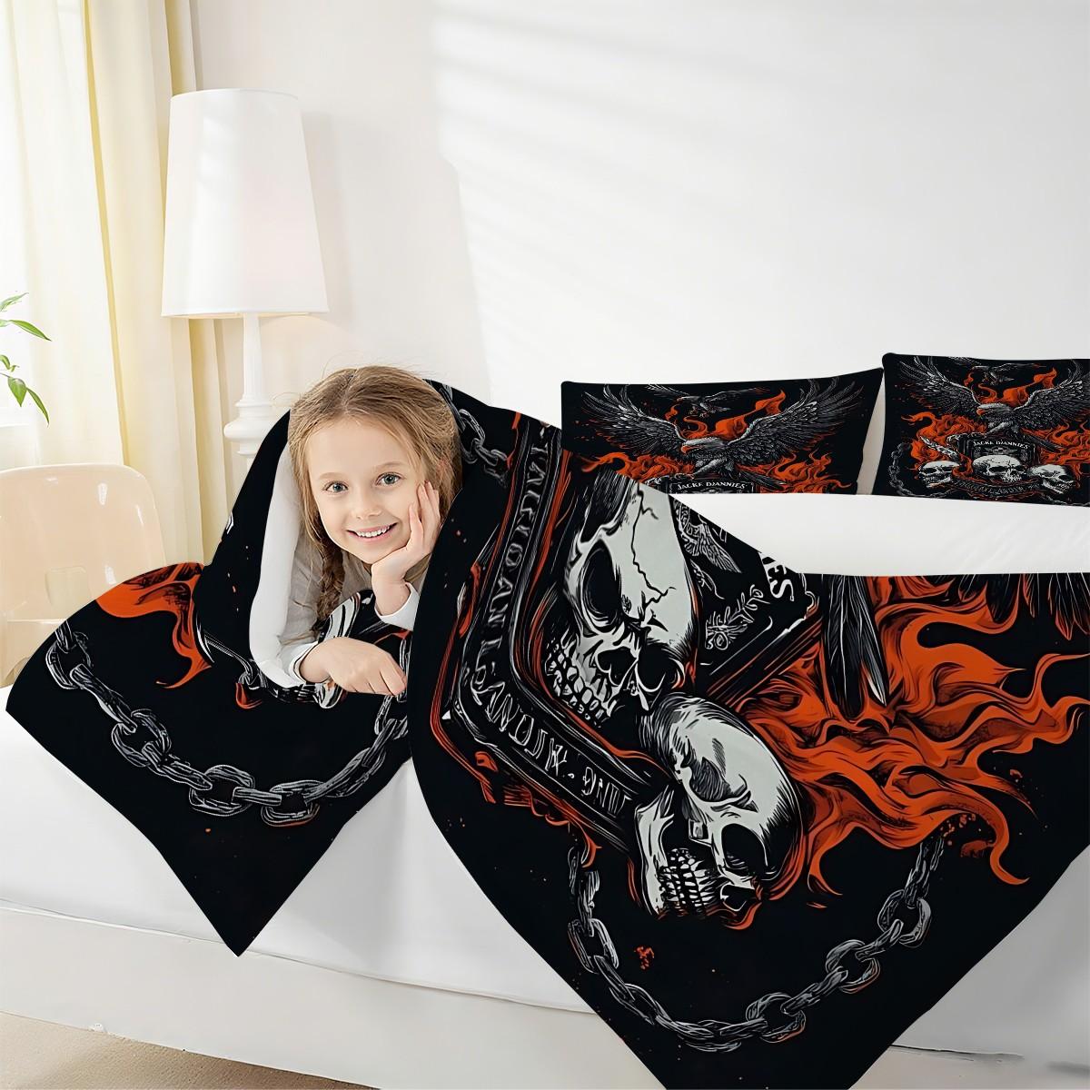 Dark Gothic Eagle Skull Bedding Set, 2/3 Pcs Comforter & Pillowcases, No Pillow Core, All‑Weather Comfortable Comforter Set, Ideal for Guest Bedroom, Boys Room, Game Room, Holiday Gift, Trendy Heavy Metal Room Styling