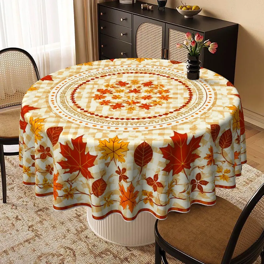 Autumn Round Tablecloth, Thanksgiving Theme, Leaf Pattern, Plaid Background, Ideal for Dining Tables, Kitchen, Family Gatherings, Festive Decor, Rustic Style