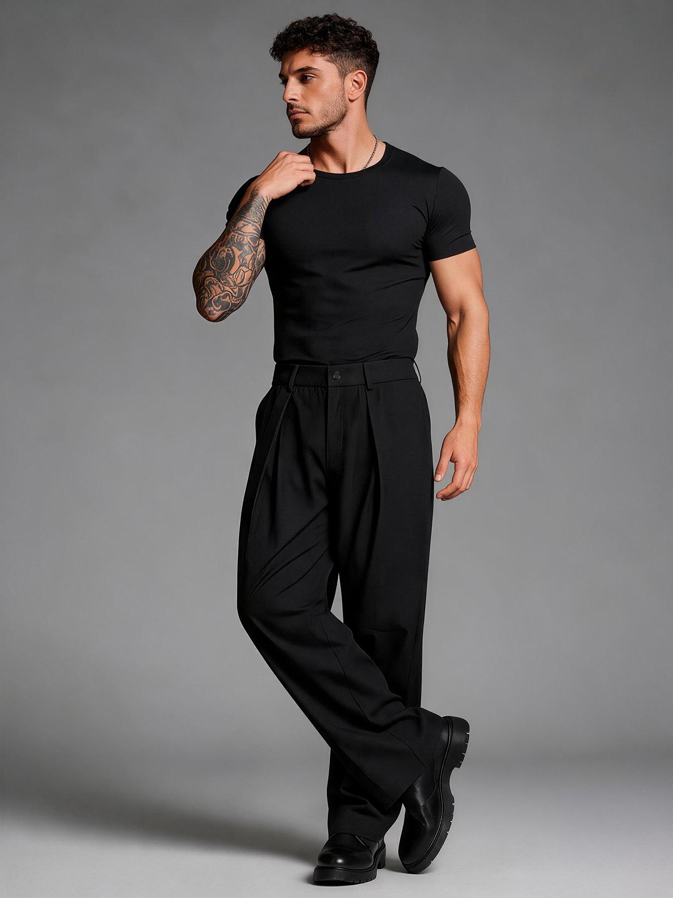 Men's High Waist Pleated Wide Leg Dress Pants, Casual Straight Leg Trousers with Button Detail, Relaxed Fit Business & Streetwear Pants for Men, Menswear