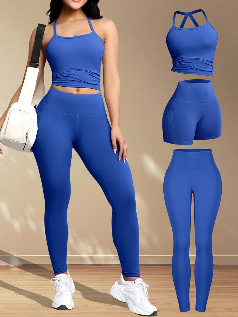 3 Piece Set, Women's Casual Fitness Crossback Vest Sport Shorts High Waist Running Exercise Pocket Underwear Set Sports Fitness Wear