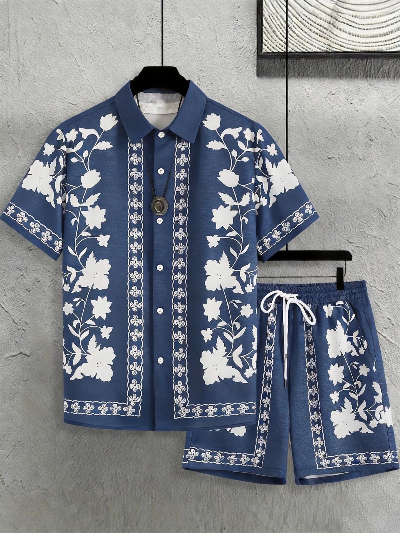 Men's Light Blue Baroque Scroll Two-Piece Set, Vintage Floral Vase Print Collar Shirt + Drawstring Shorts, Casual Loose-Fit All-Season