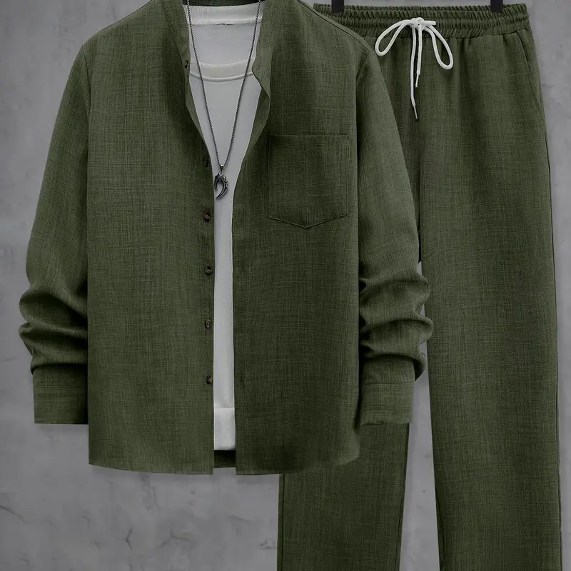 Men's Spring & Fall Casual Fitted Two-Piece Set, Co Ord Set, Long Sleeve Shirt & Pants, Fashionable Home Wear Outdoor Activities & Travel Sports