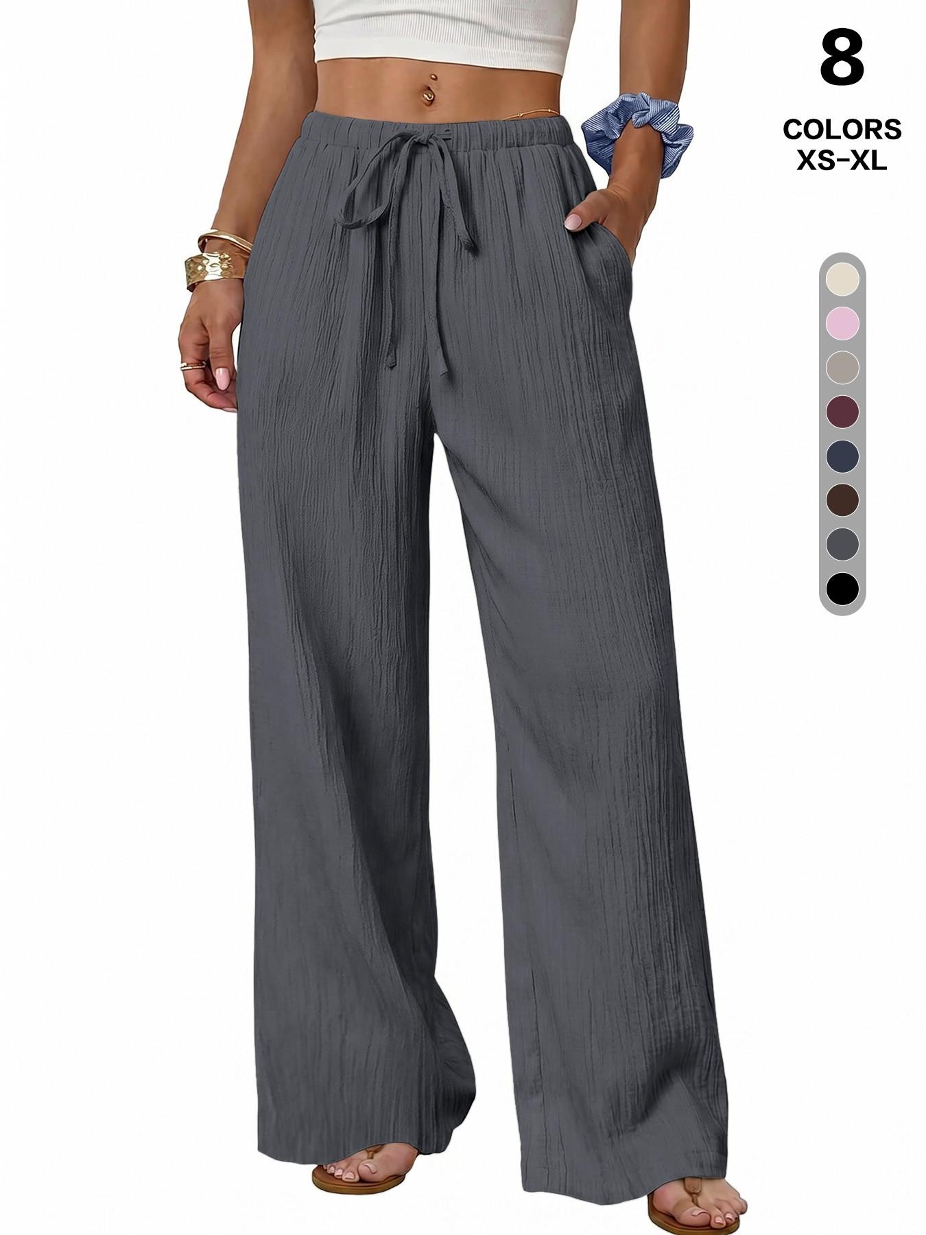 Textured Lightweight Drawstring Adjustable Wide Leg Casual Long Pants, Pockets, Trendy Ootd Fashion, European Style High Waist Tie-Drop Pants, Summer Fashion, Bottoms