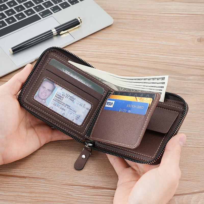 Men's  Zipper Short PU Leather Wallet Woven Tape Spliced Leather Vintage Purse Multifunctional and Multi Card ID Money Bag