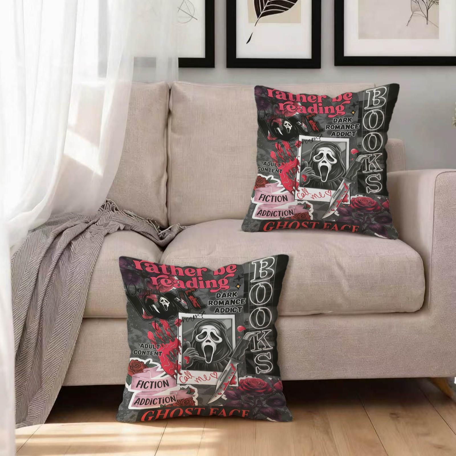 18x18 Inch Scream Ghostface Throw Pillow, Dark Romance Addict Horror Movie Book Lover Decorative Cushion, Spooky Halloween Sofa Bedroom Decor, Perfect Gift for Movie Fans & Bookworms