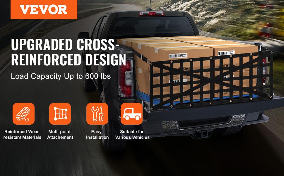 Tailgate Net, 54 inx 18 in, Heavy Duty Cargo Net for Truck Bed with 4 Adjustable Telescopic Straps, Cross-reinforced Design, Extendable Durable, Suitable for Pickup, Truck, Trailer, Jeep, SUV