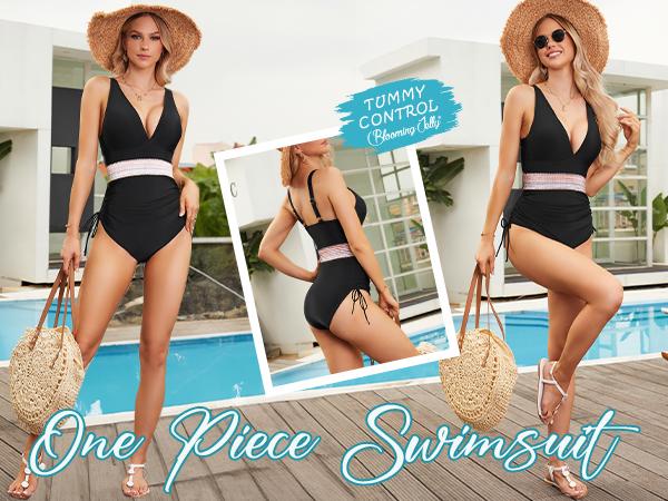 Blooming Jelly Women Tummy Control Swimsuits One Piece Slimming Modest Bathing Suit Color Block Drawstring Swim Suits