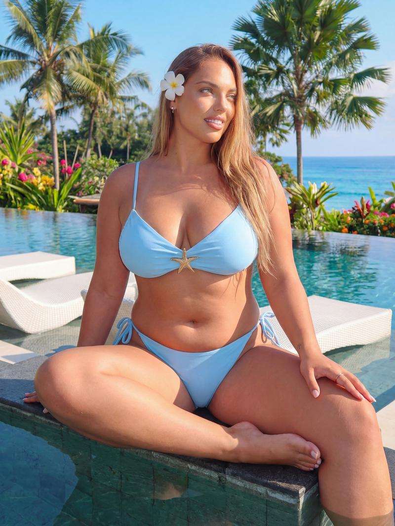 [Plus Size] Two-Piece Set Solid Color Bikini Set, Casual Fashion Chic Spaghetti Strap Bikini Top & Tie Side Swim Bottom Two-piece Swimsuit for Beach Holiday Vacation, Women's Swimwear for All Seasons