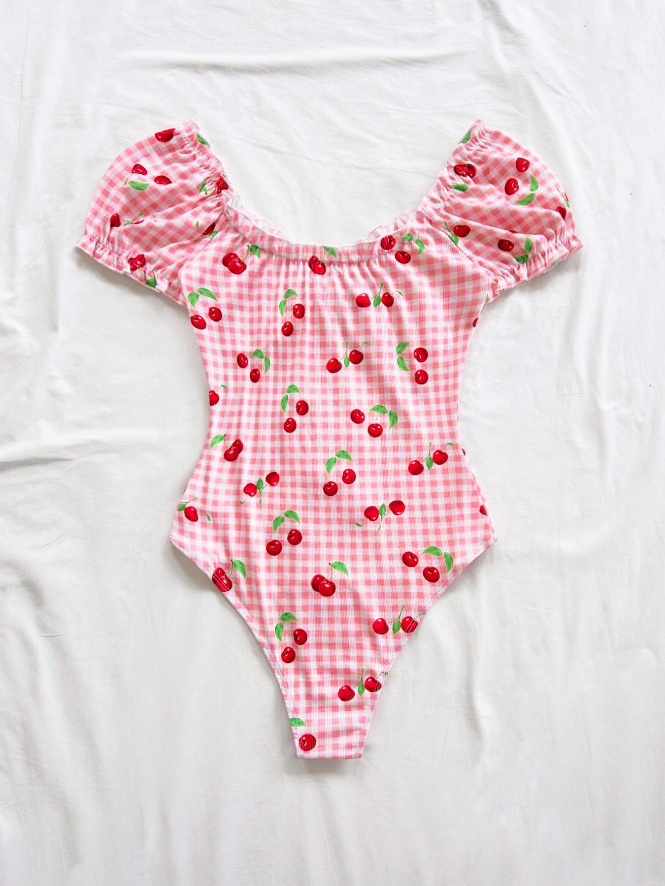 Sweet Spicy Cherry Plaid Romper, Bubble Sleeve V Neck Tie Waist Slim Fit Top, Single Piece, Chic Stylish and Comfortable Clothing