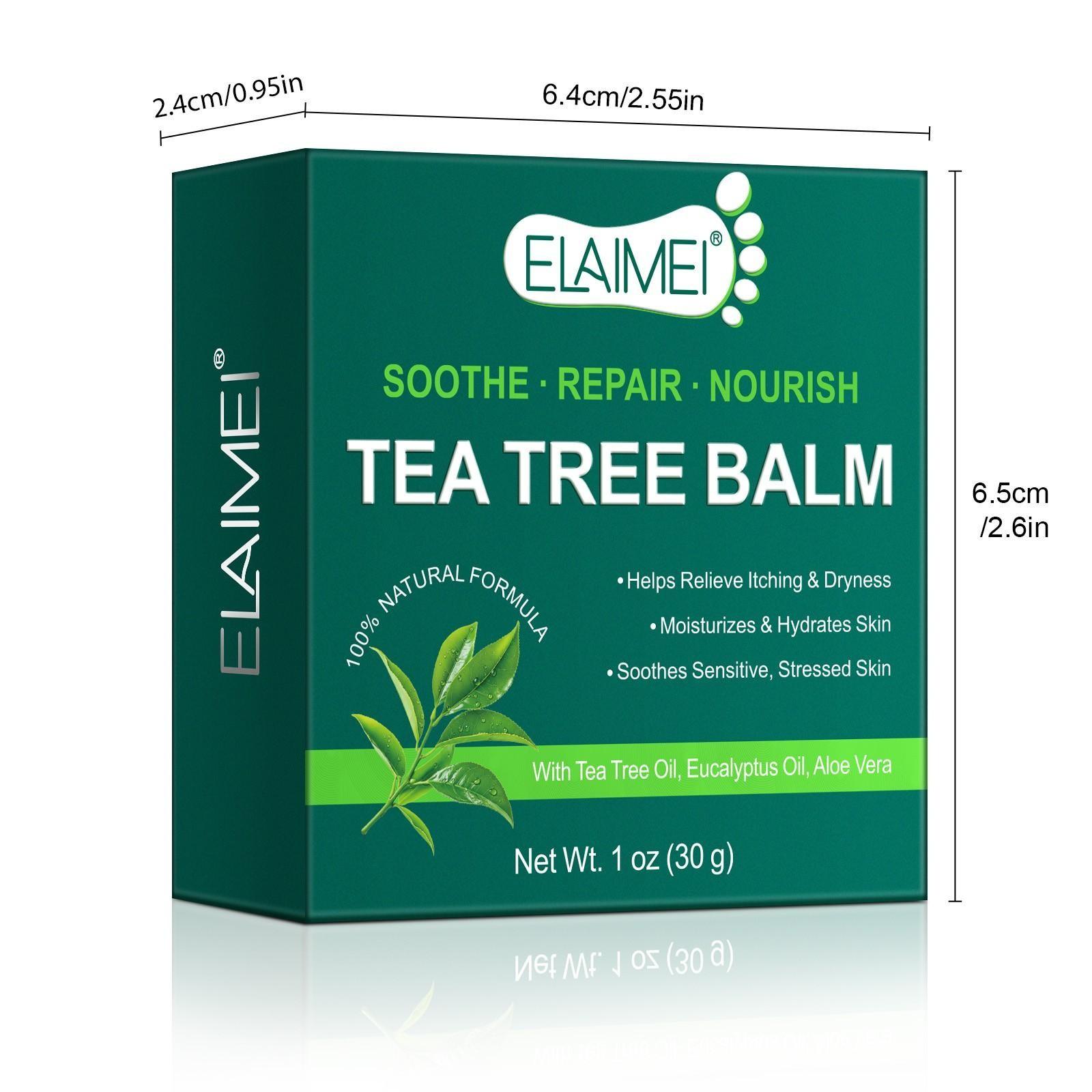 ELAIMEI Multi-Purpose Tea Tree Oil Balm, suitable for sensitive skin, soothes skin issues caused by dryness, provides rapid relief, moisturizes dry skin, and offers long-lasting hydration
