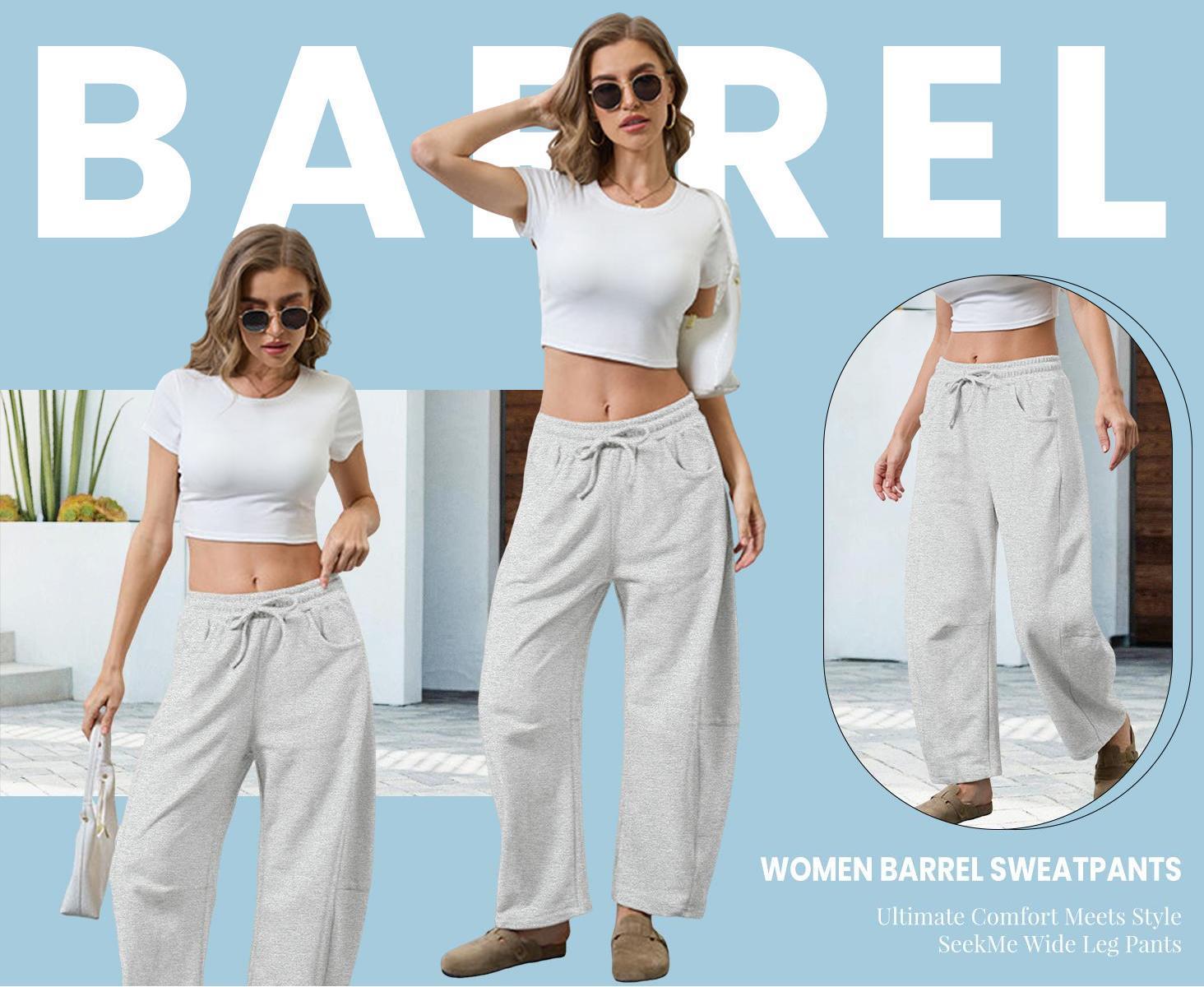 JovenPara Women's Barrel Leg Sweatpant Drawstring Elastic Waisted Wide Leg Pants Casual Cotton Palazzo Trousers with Pockets