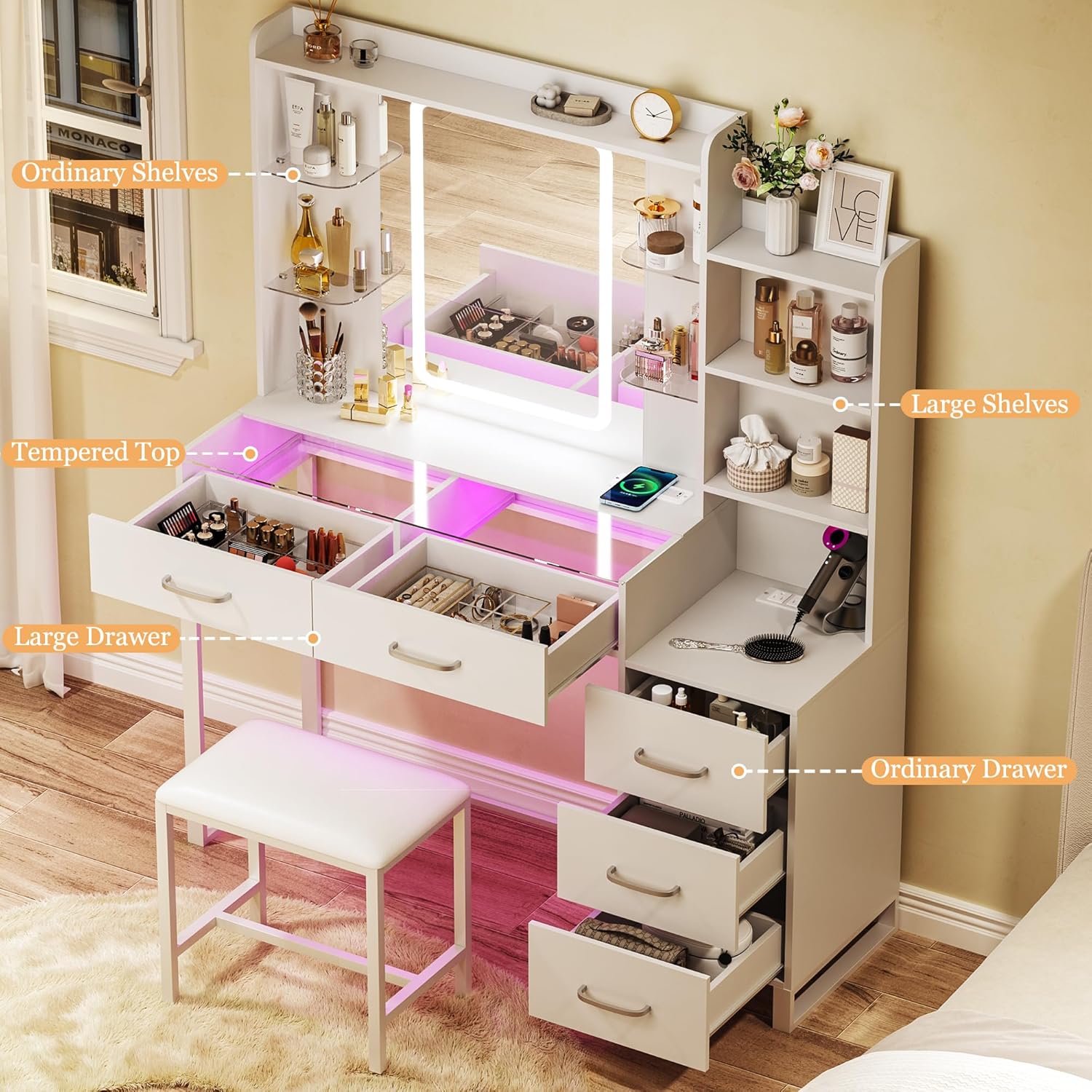 Vanity Desk with Mirror and LED Lights, 57.5" Makeup Vanity with Glass Top & Wireless Charging, Vanity with RGB Drawers, 3 Colors Light, Power Outlet Safety Switch for Bedroom, White
