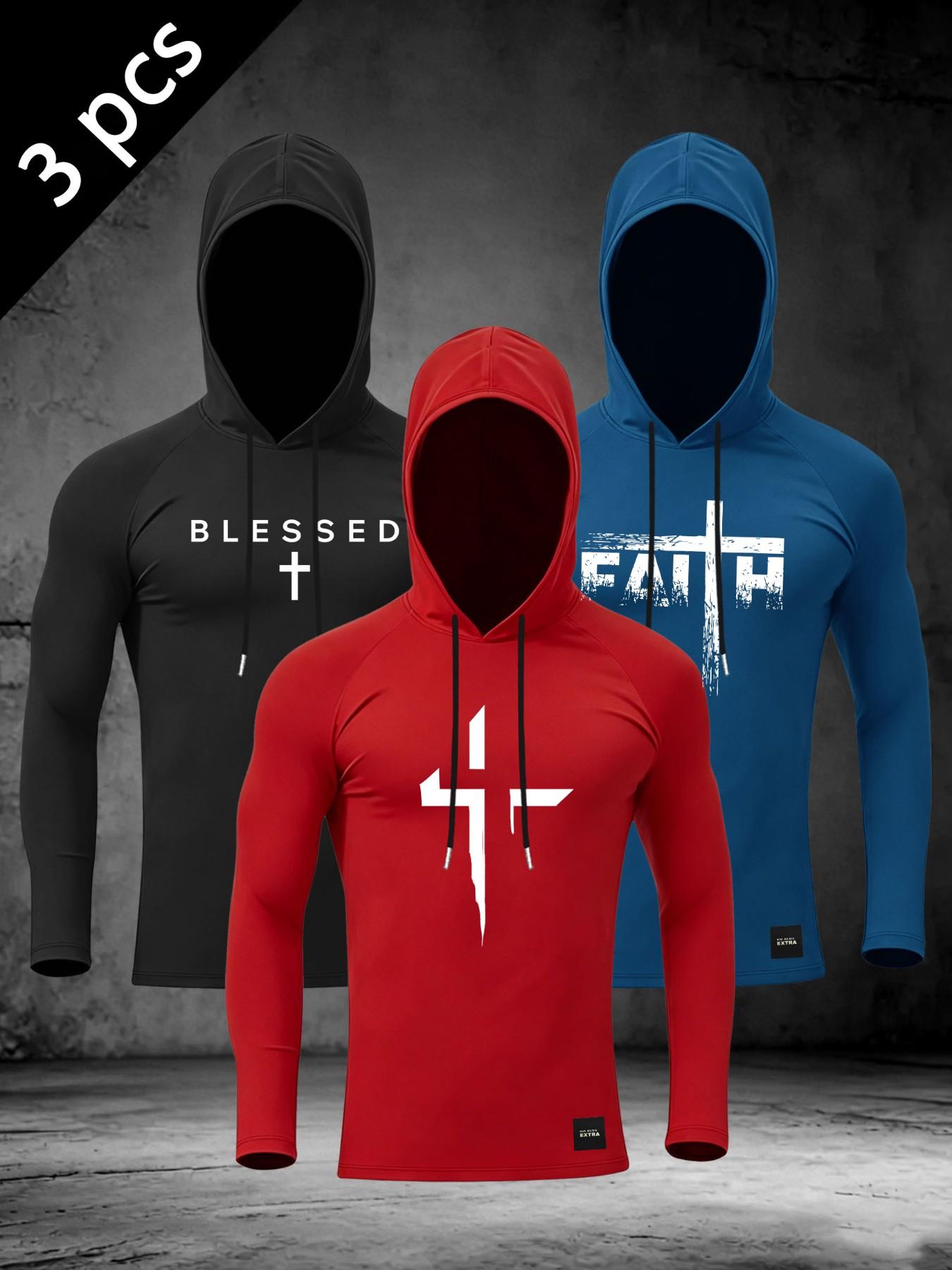 Men's Christian Faith Hooded Long Sleeve, Compression Fit Cross Print Athletic Shirt, Gym Workout Streetwear Top #ChristianAthletic #CompressionShirt #FaithInspiredGym #WorkoutHoodie #TikTokMadeMeBuyIt