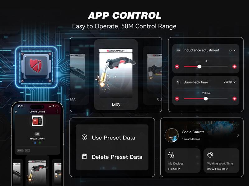 ARCCAPTAIN MIG205MP MIG Welder, All-in-One iControl APP Control Plasma Cutter/Pulsed MIG/Flux Core/Spool Gun/Pulsed HF TIG/Lift TIG/Clean/Stick Aluminum Welding Machine 120/240V Dual Voltage Multiprocess Welders Black Friday, Christmas Gifts for Men/Dad
