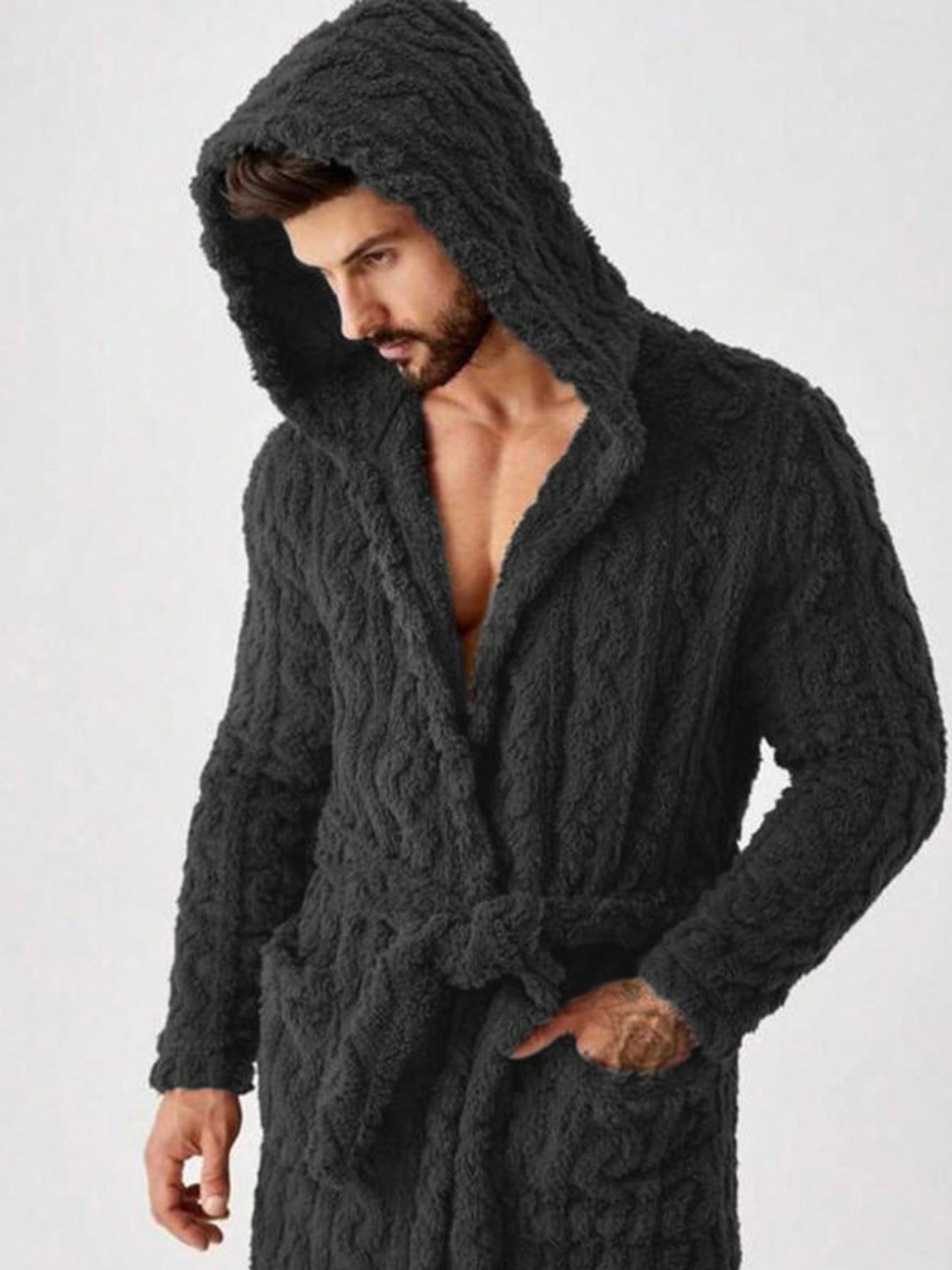 Men's Textured Pocket Belted Hooded Bathrobe, Loungewear, Casual Style, Comfortable and Stylish, Perfect for Relaxing at Home