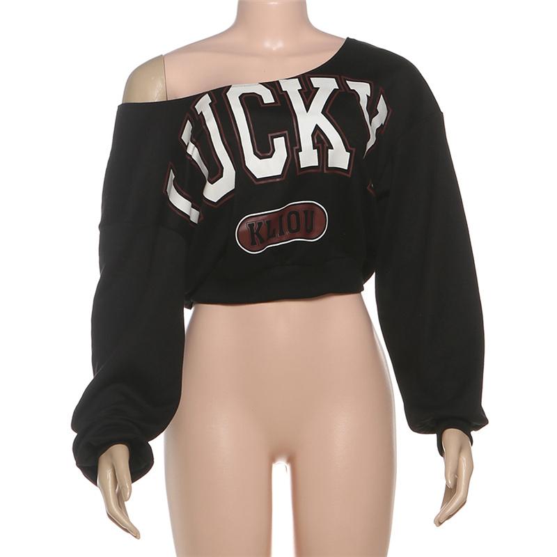 DOUCIU  Trendy Personality High Street Cool Hip-Hop Casual Streetwear Versatile Womenswear Women'S Letter Printing Cross-Shoulder Long Sleeves Short Crop-top T-Shirt