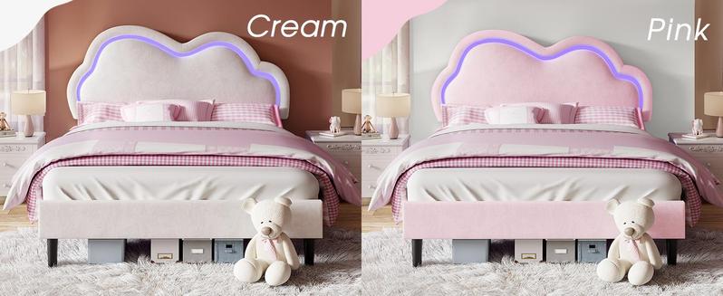 VanAcc Bed Frame with Adjustable Cloud Headboard and Customizable LED Light, Velvet Upholstered Bed, Unique Bedroom Furniture, No Box Spring Needed, Twin/Full/Queen