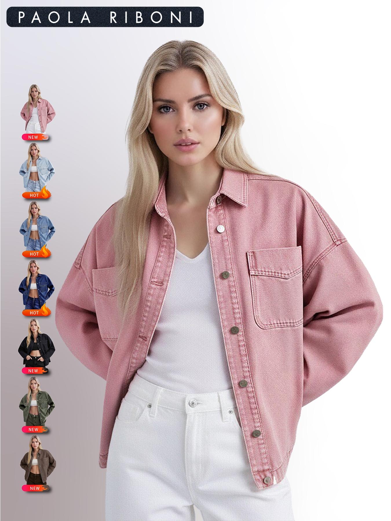 Women's Plain Drop Shoulder Denim Jacket, Casual Outerwear With Pockets For All Seasons Women's Plain Drop Shoulder Denim Jacket, Casual Outerwear With Pockets For All Seasons