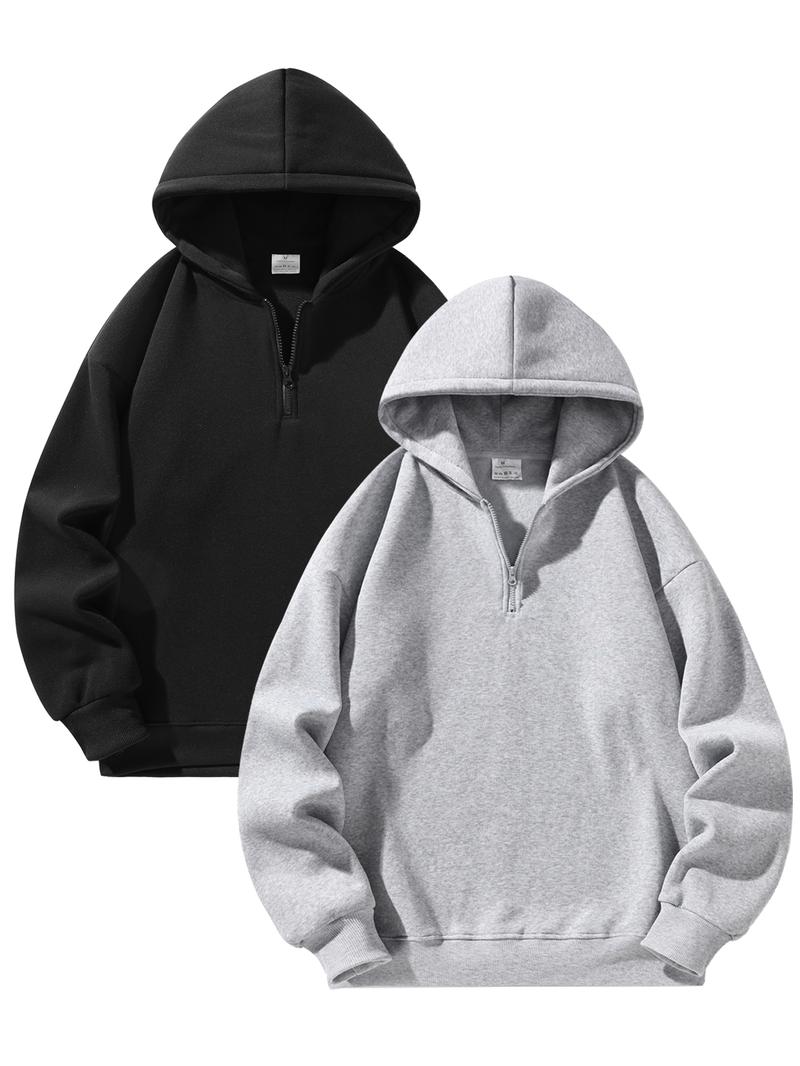 Men's Plain Half Zip Drop Shoulder Essentials Hoodie, Regular Fit Casual Long Sleeve Hooded Sweatshirt for Fall & Winter, Men's Clothes for Daily Wear