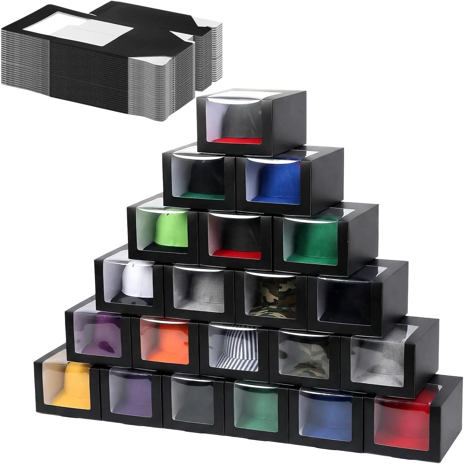 20 Pcs Black Hat Boxes with Window Hat Display Storage Organizer for Baseball Caps, Dad Hat, Billed Cap, Snapbacks, Foldable Gift Packaging Box 7.8 x 7.8 x 4.8 Inch