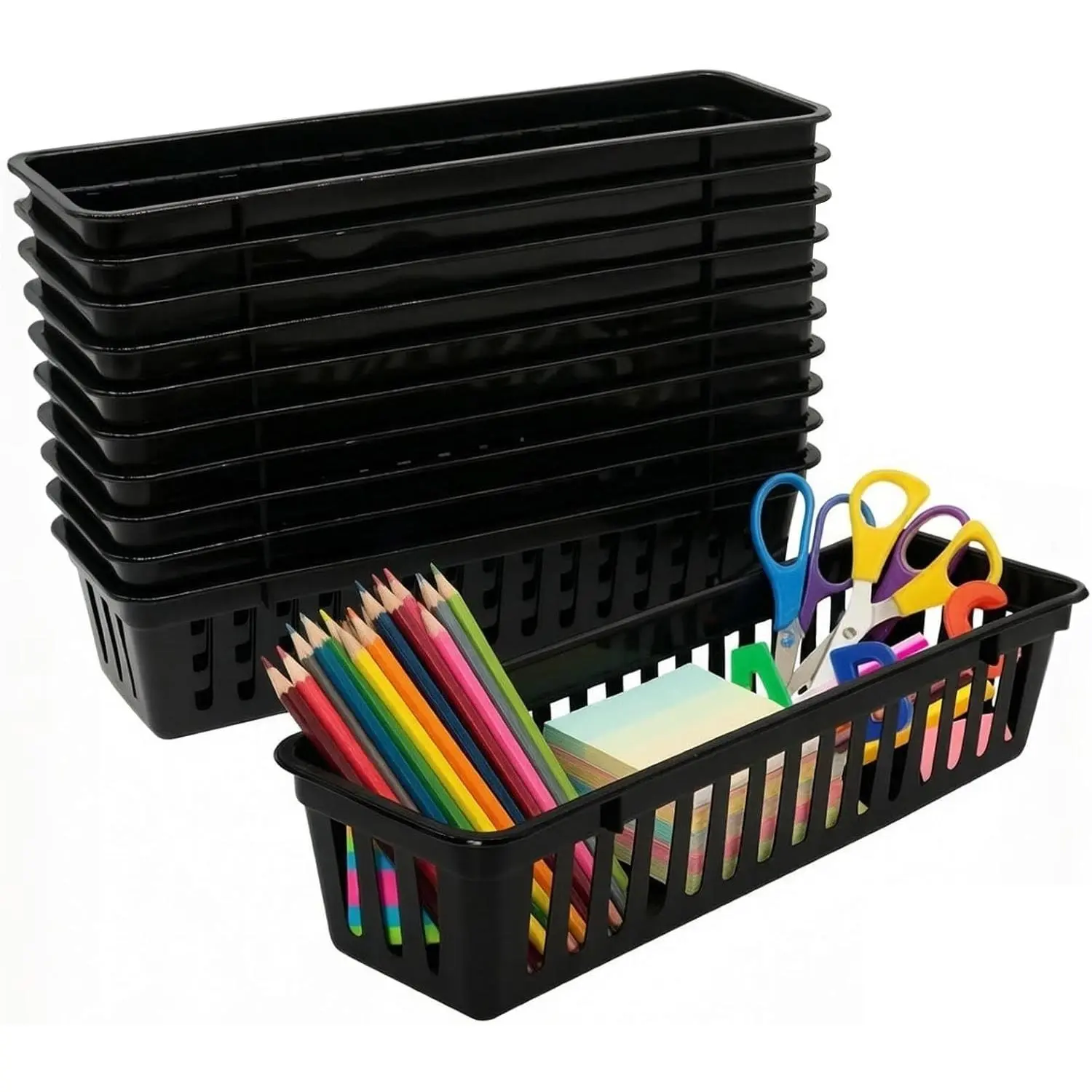 Classroom Pencil or Rubber Organizer Basket Trays, Office Supply Baskets Organization Trays for Home School Classroom Office 12 Pack (Black)