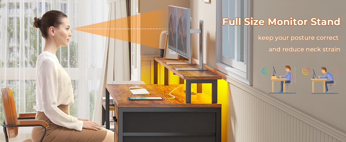 SEDETA 66-inch Home Office Desk with File Drawers and Power Outlets Printer Cabinet with Storage Shelves and Monitor Shelf, Game Table with LED Lights