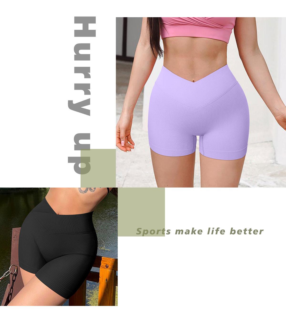 OYV Women's High Waisted Crossover Yoga Shorts Seamless Ribbed Knit Snug Fit Exercise Shorts for Athletic Wear