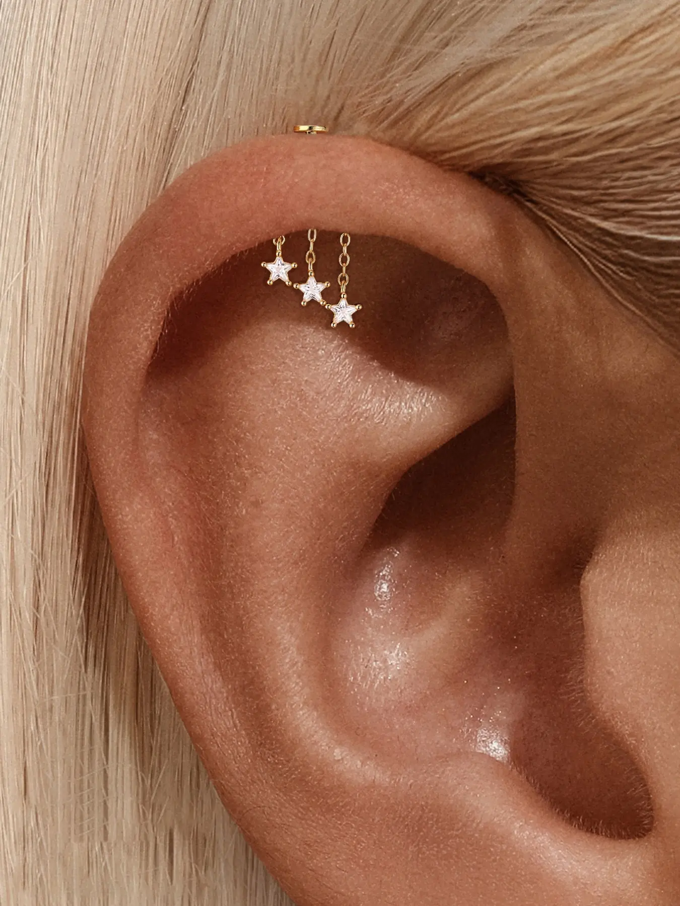1Pc 18K Gold Plated S925 Sterling Silver Star CZ Chain Tassel Flat Back Earrings, Celestial Dangle Threaded Cartilage Piercing Labret Studs Hypoallergenic Non-Tarnish, Earrings for Sensitive Ears, Ideal for Daily Wear, Valentine's Day