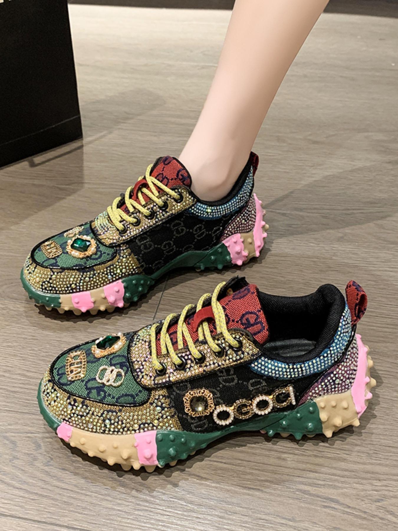 Women's Thick Sole Height Increasing Dad Shoes, Handmade Embellished Fashion Luxury Casual Women's Shoes, Unique Design Comfortable Sneakers
