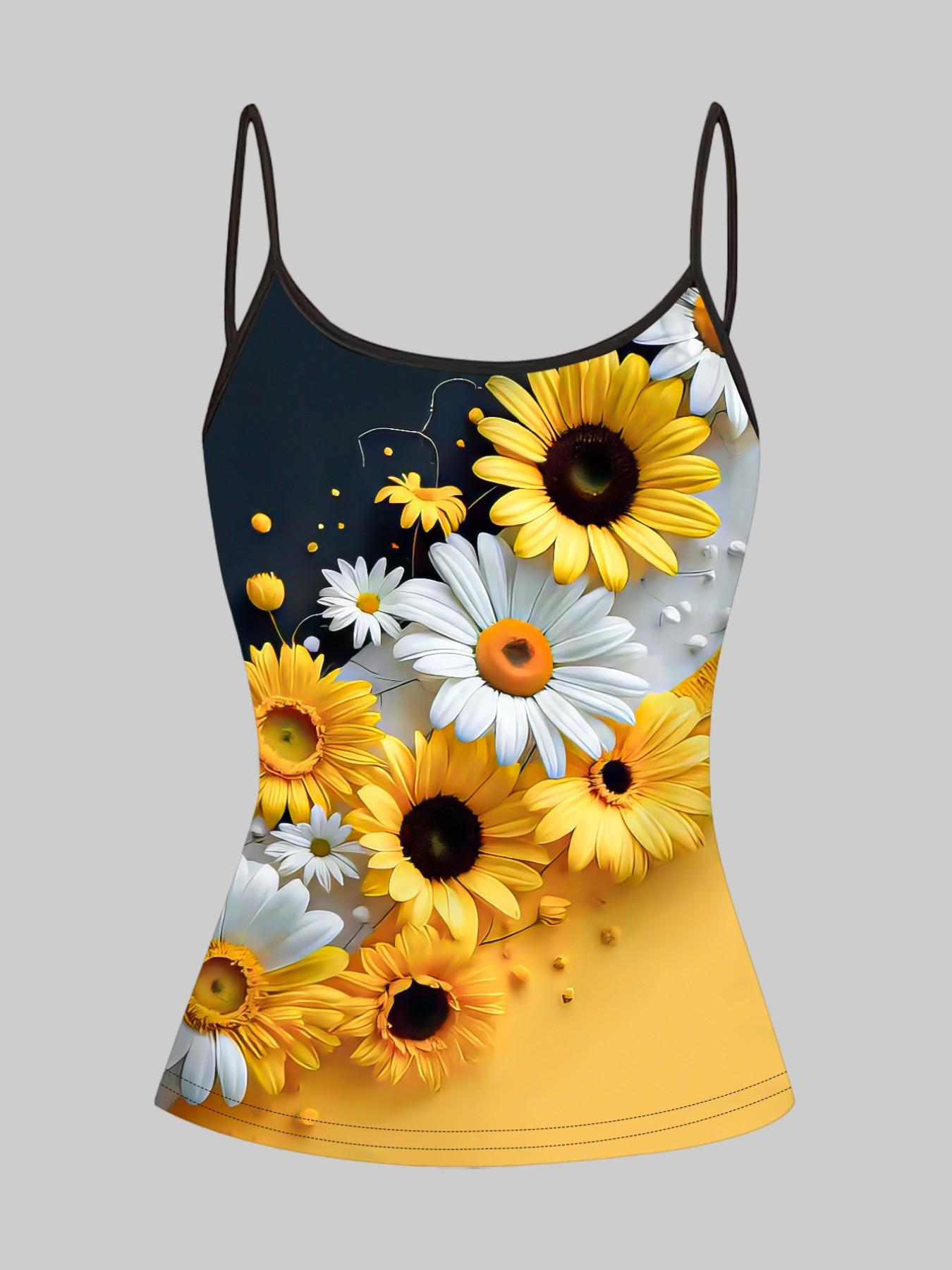 Sunflower Daisy Print Halter Top, Summer Home Sleepwear Outerwear, Unique Slim Fit Shirt, Four-Piece Set, Casual Style