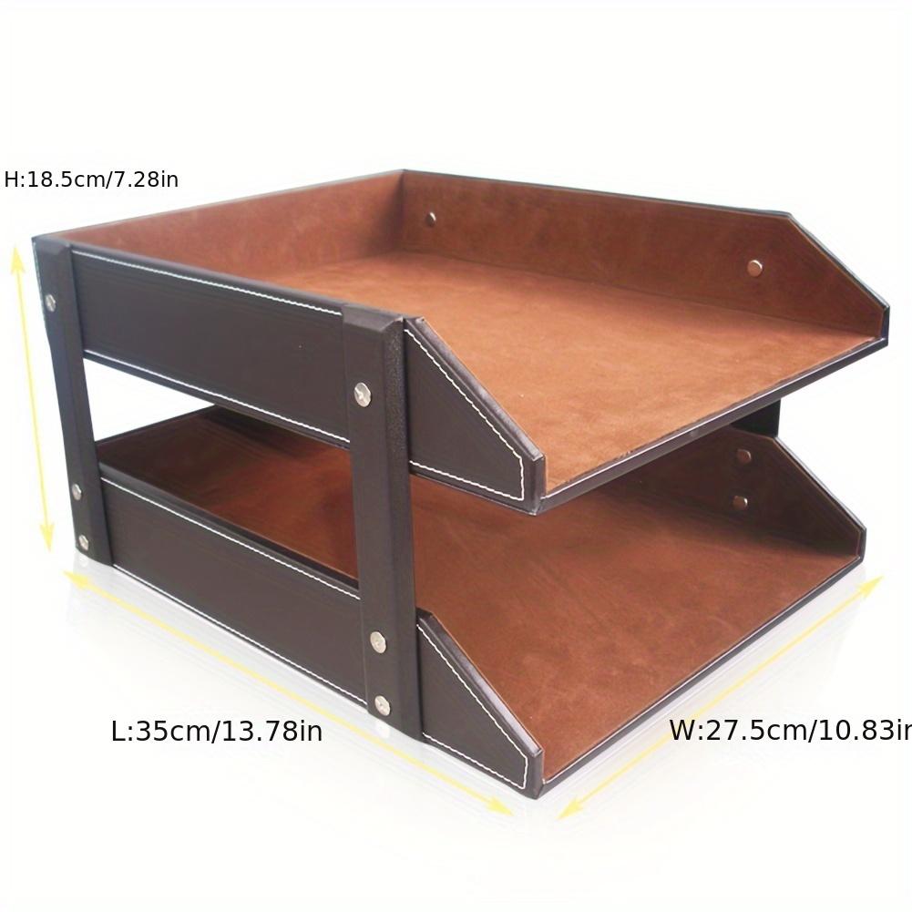1 Black Brown Plain Double Layer Document Rack PU Leather Office File Storage File Tray