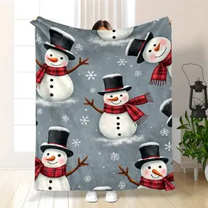 280GSM Heavyweight Vintage Snowman & Snowflake Flannel Throw Blanket |   Soft Warm All-Season Grey With Red & White Snowman Print, Contemporary Winter Design For Couch, Bed, Car, Camping, Christmas, Valentine'S Day, New Year
