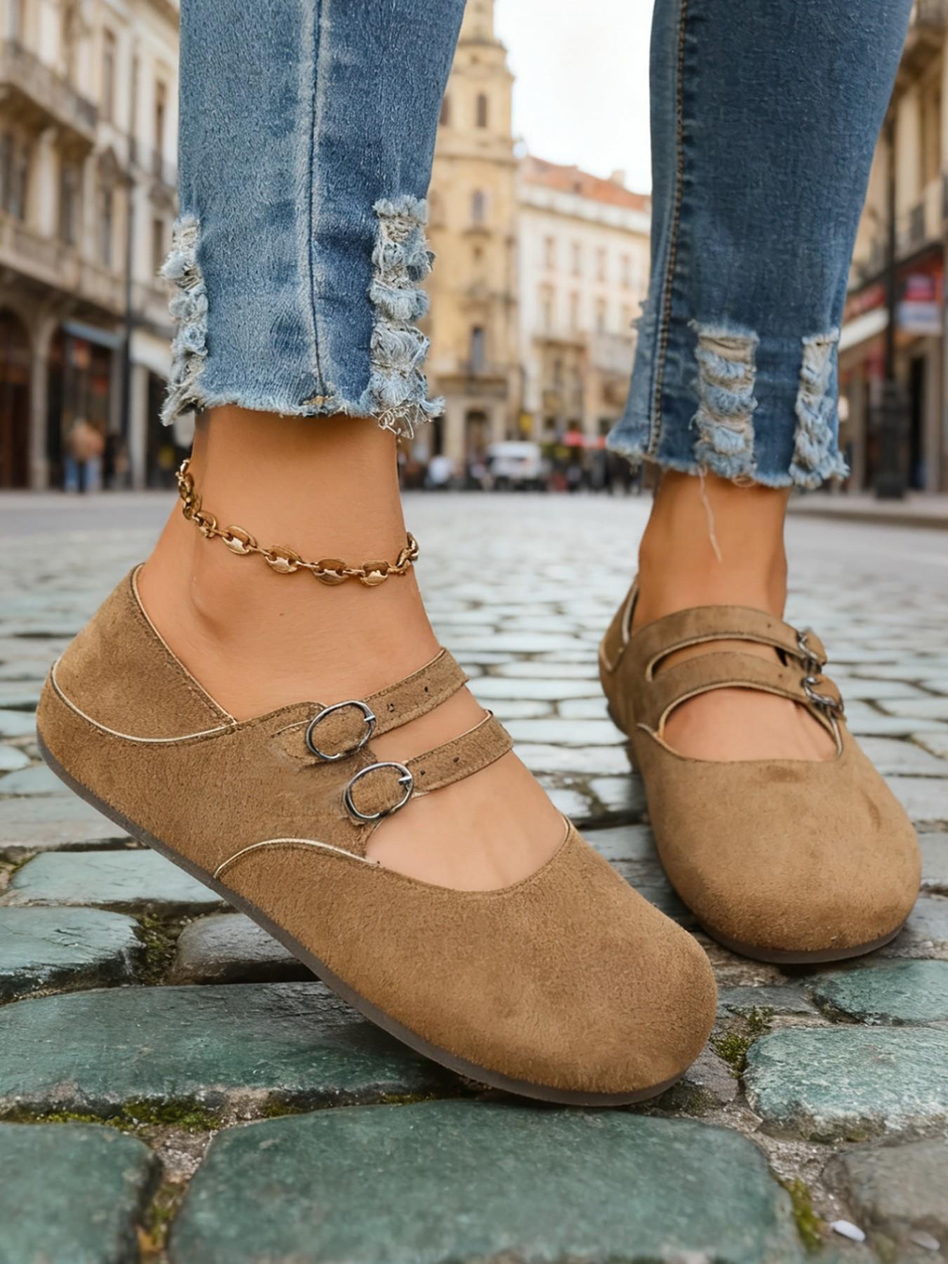 Spring New Round Toe Vintage Low-Top Mary Jane Shoes, Casual Shoes, Height Increasing Dual Buckle Birkinstyle Single Shoe, Versatile and Stylish.