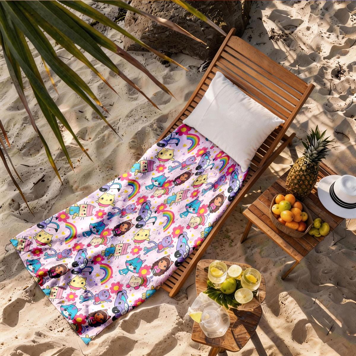 A Gabby's Dollhouse Cartoon Characters Rainbow All-over Printed Beach Towel - Oversized, Skin-friendly, Absorbent and Quick-drying, Perfect for Beach and Pool Leisure, Ideal for Summer Trips - Suitable for Seaside Vacations, Pool Parties and Outdoor Picni