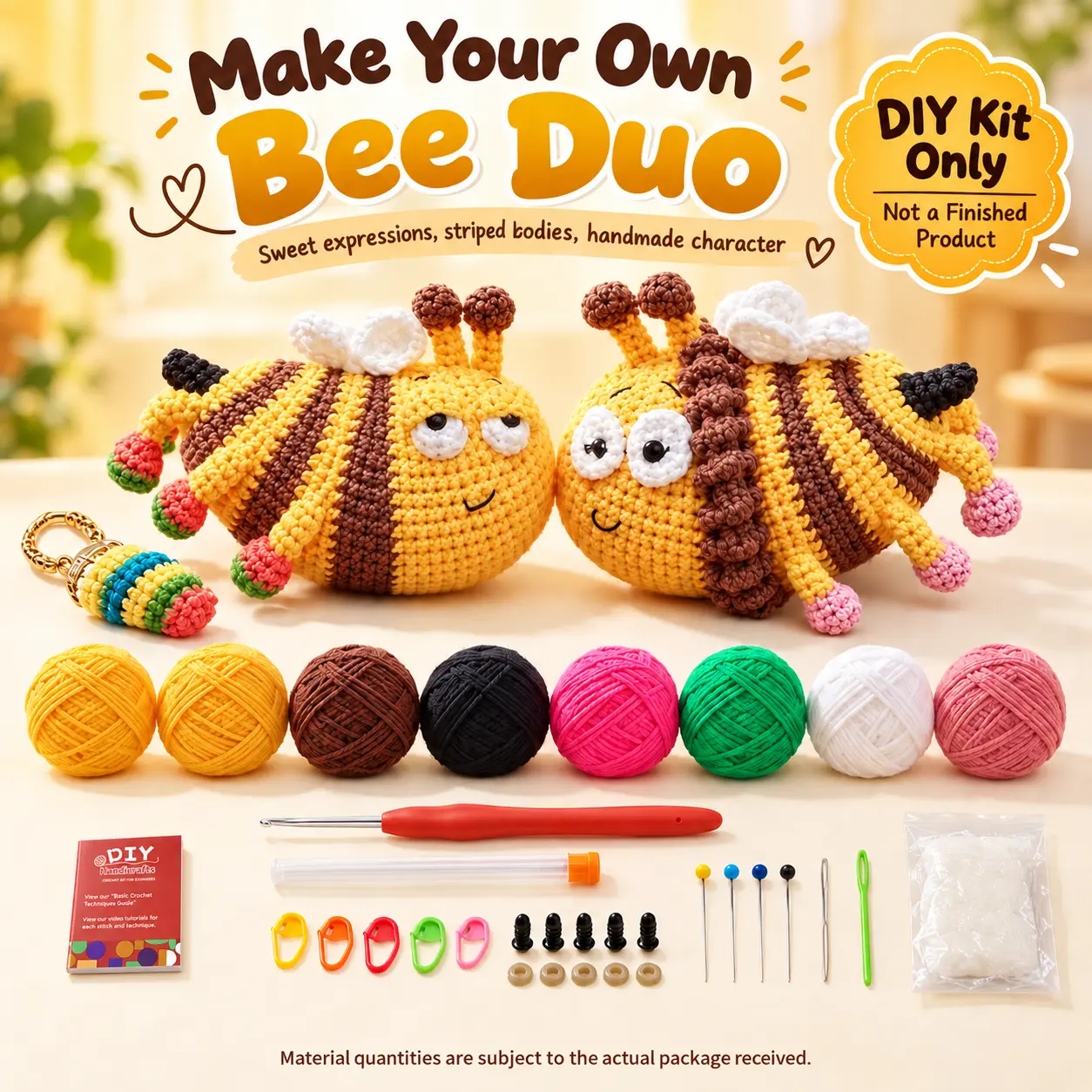 Bee Couple Crochet Kit, DIY Amigurumi Bee Duo with Yarn, Crochet Hook, Tools and Instructions, Cute Yellow and Brown Striped Bees with Tiny Wings, Craft Project for Adults, Sweet Handmade Gift Idea for Partners, Anniversary Gifts and Cozy Shelf Decor
