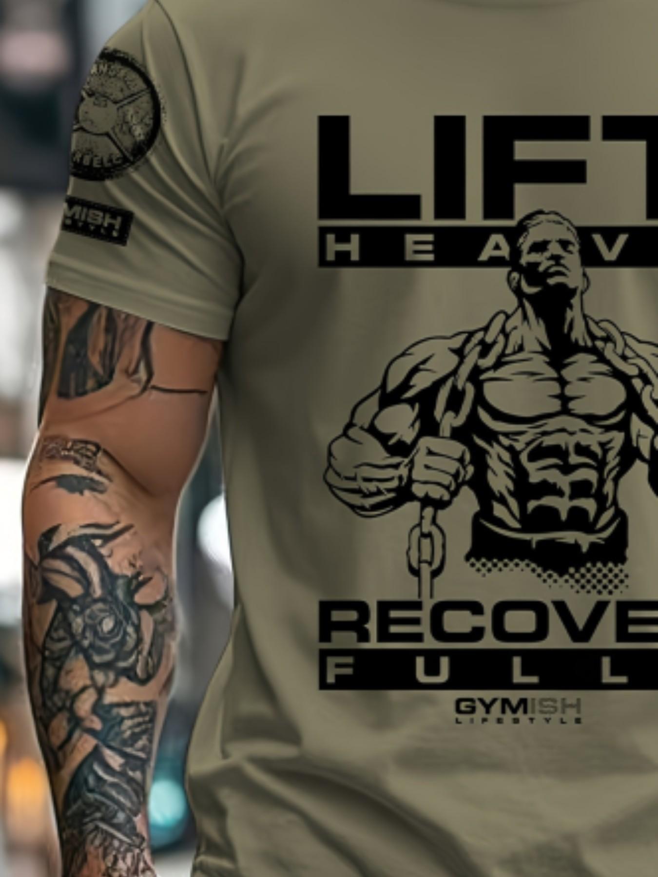 Men's Fitness Short Sleeve T-Shirt, Gym Workout Graphic Top, Weightlifting Recovery Theme Casual Wear, Loose-Fitting Jersey